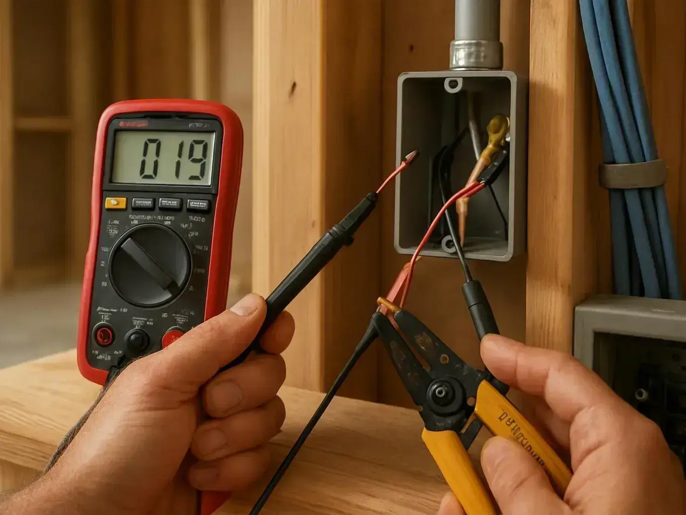 Hands test wiring inside an open electrical box with a red multimeter reading