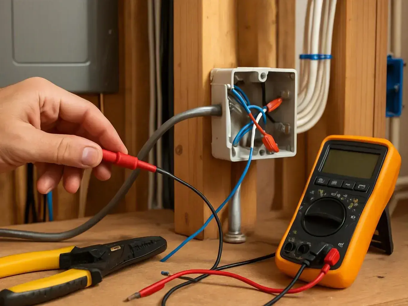 Hand tests exposed wires in an electrical box beside a digital multimeter and