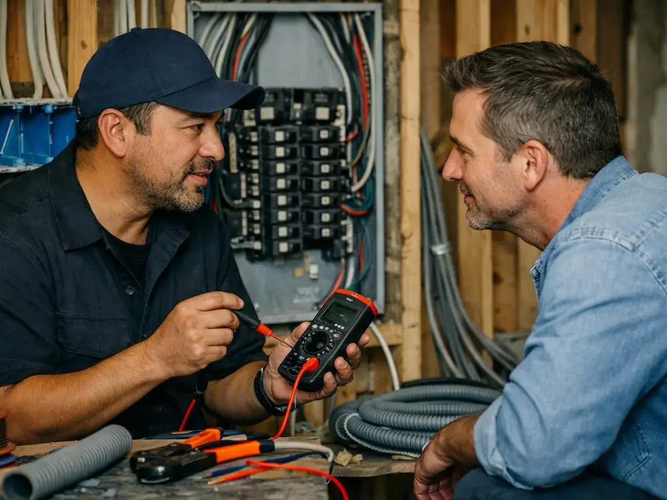 Electrician testing a breaker panel inside a Bellflower shop