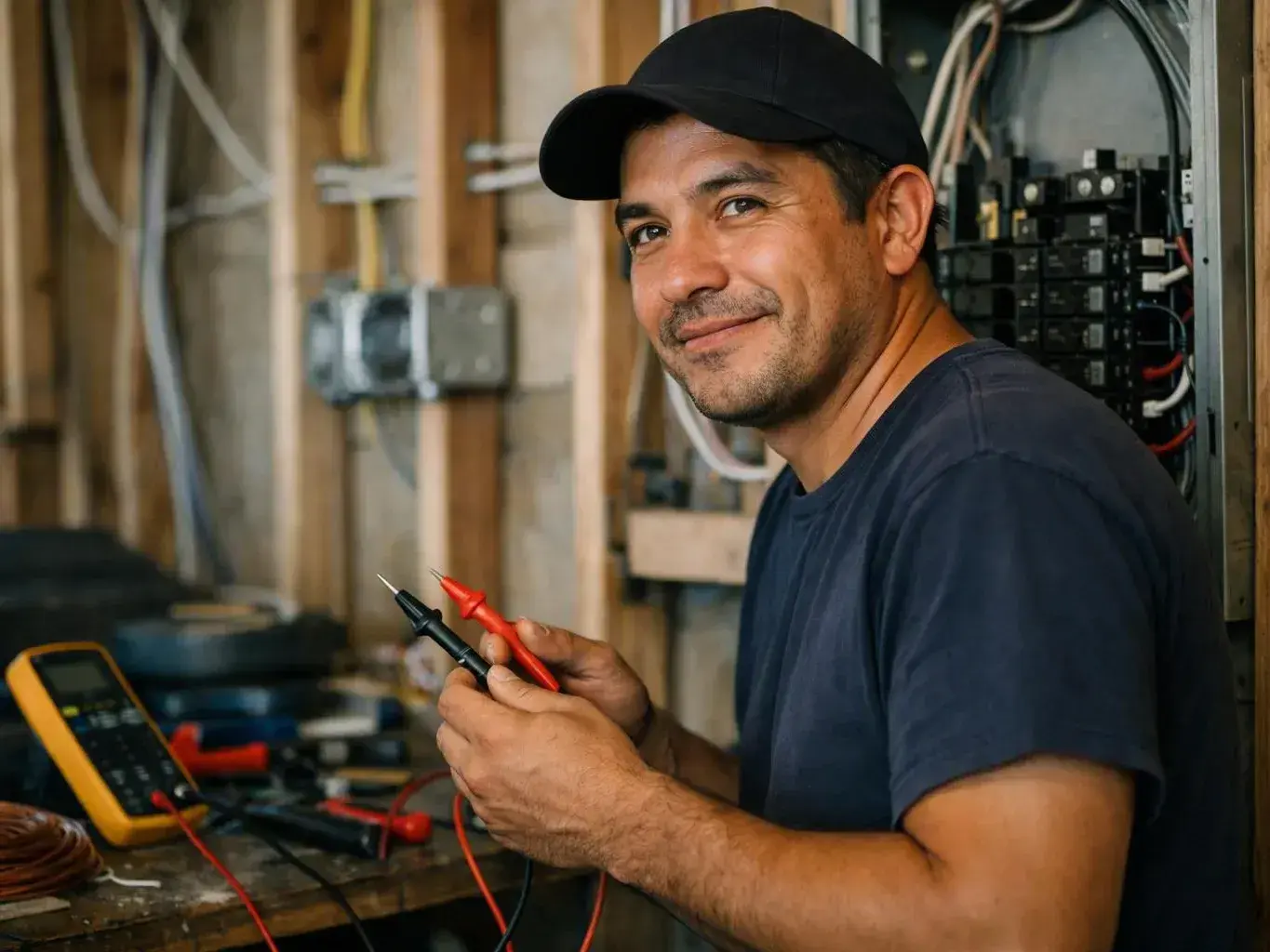 Smiling electrician tests exposed wiring with red and black multimeter probes