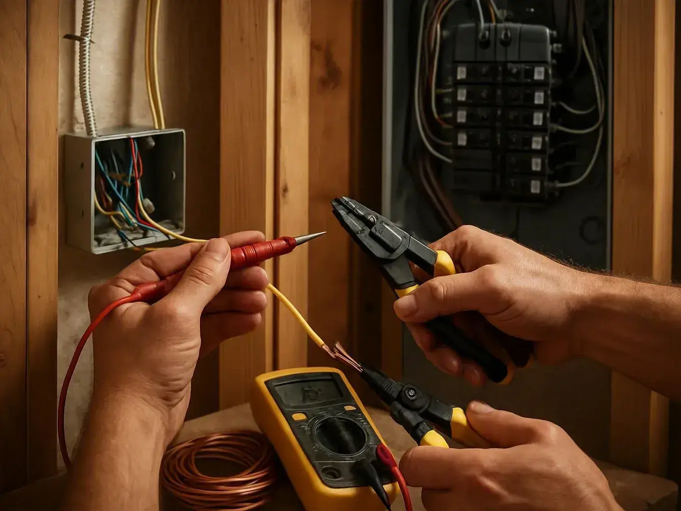 Hands test exposed wires beside a breaker panel using pliers and a multimeter