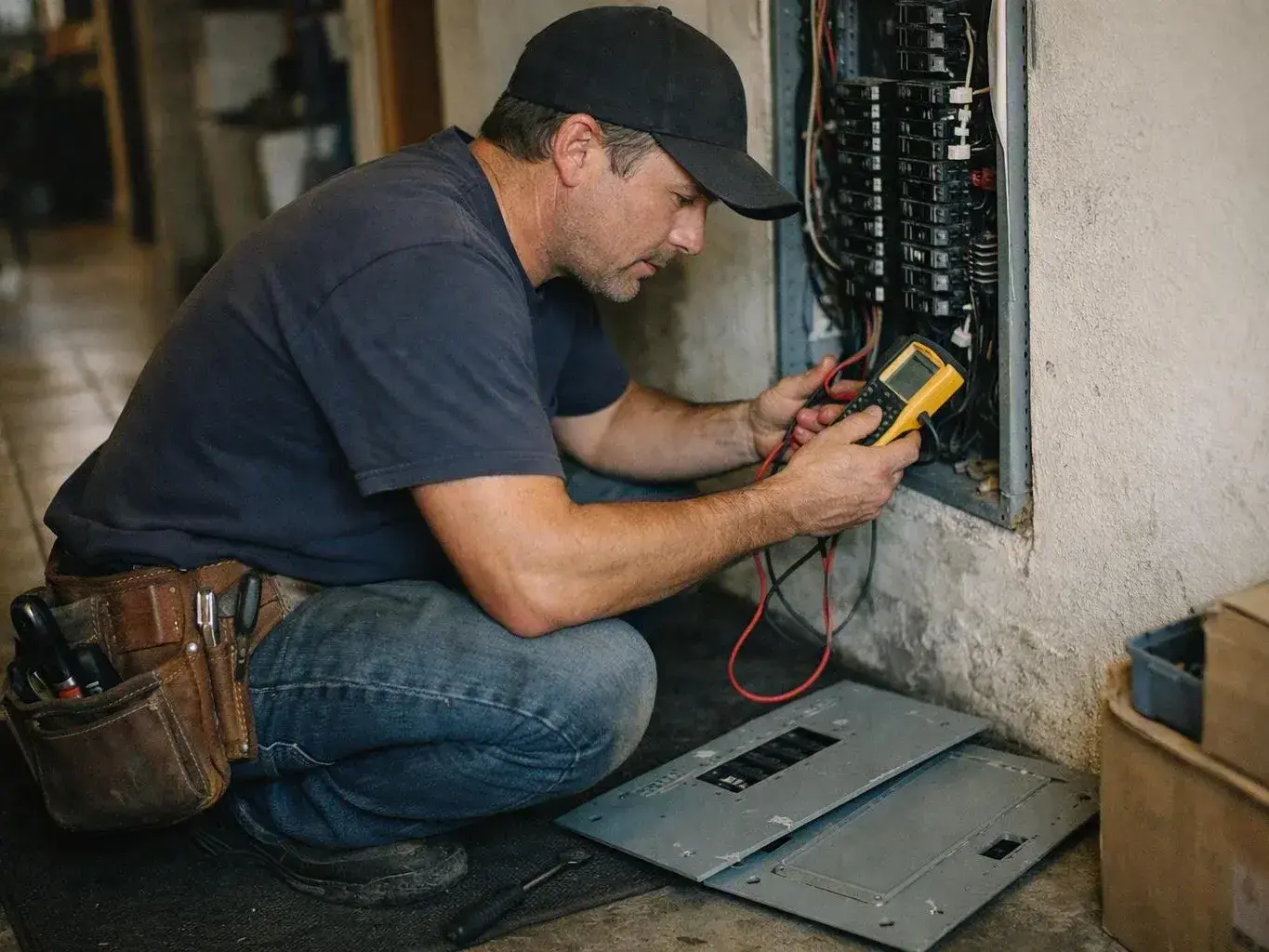 Technician tests wiring with a yellow multimeter beside an open electrical