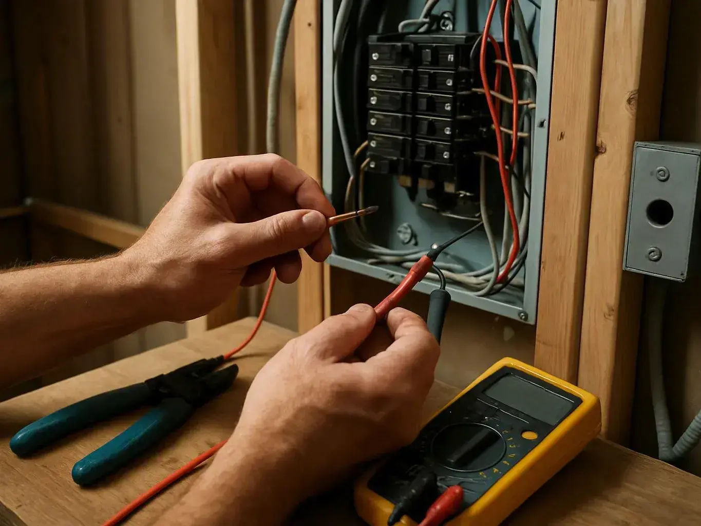 Hands test wires inside an open breaker panel with a multimeter and pliers