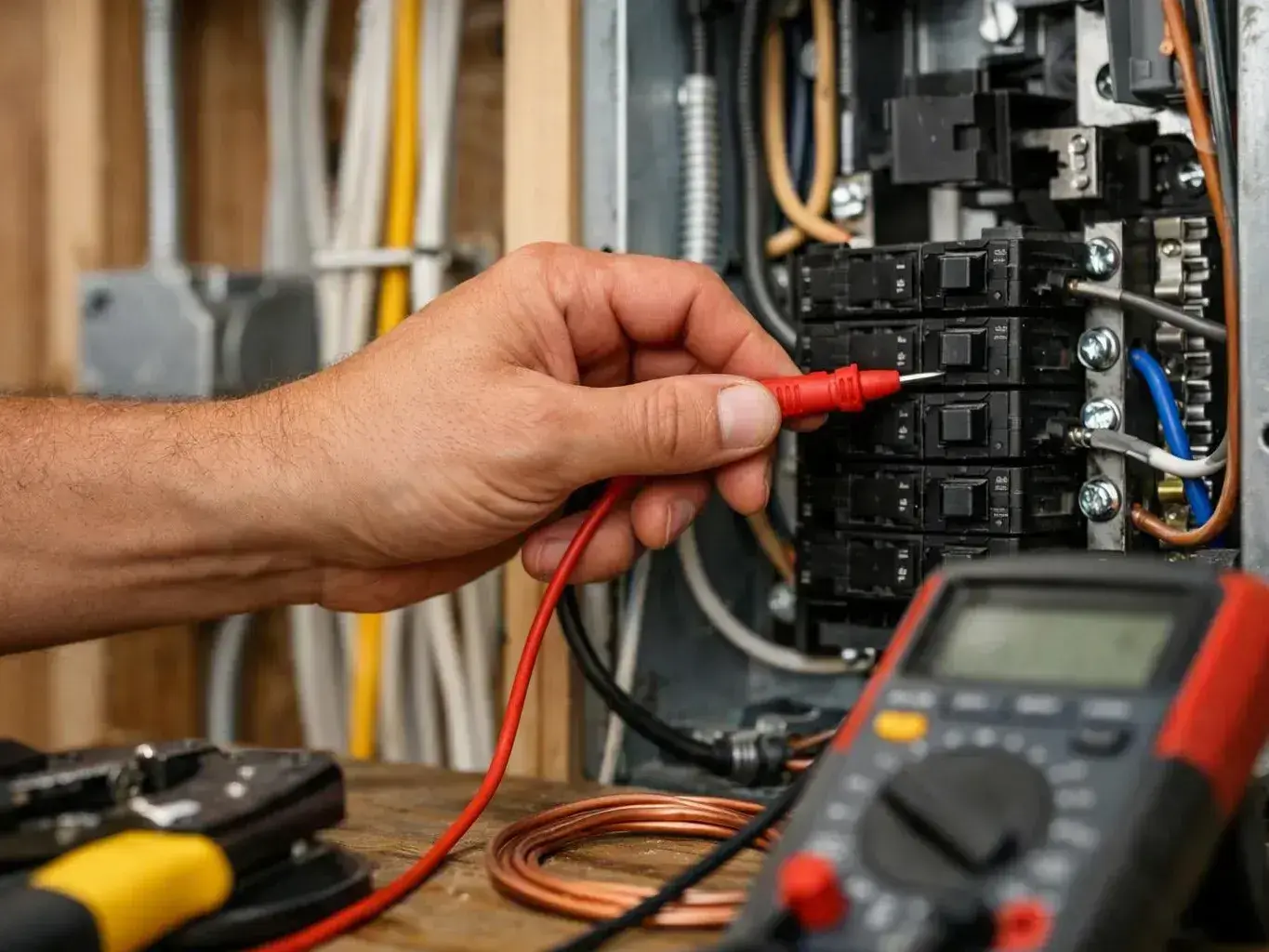 A hand probes an electrical breaker panel with a red multimeter lead in a workshop