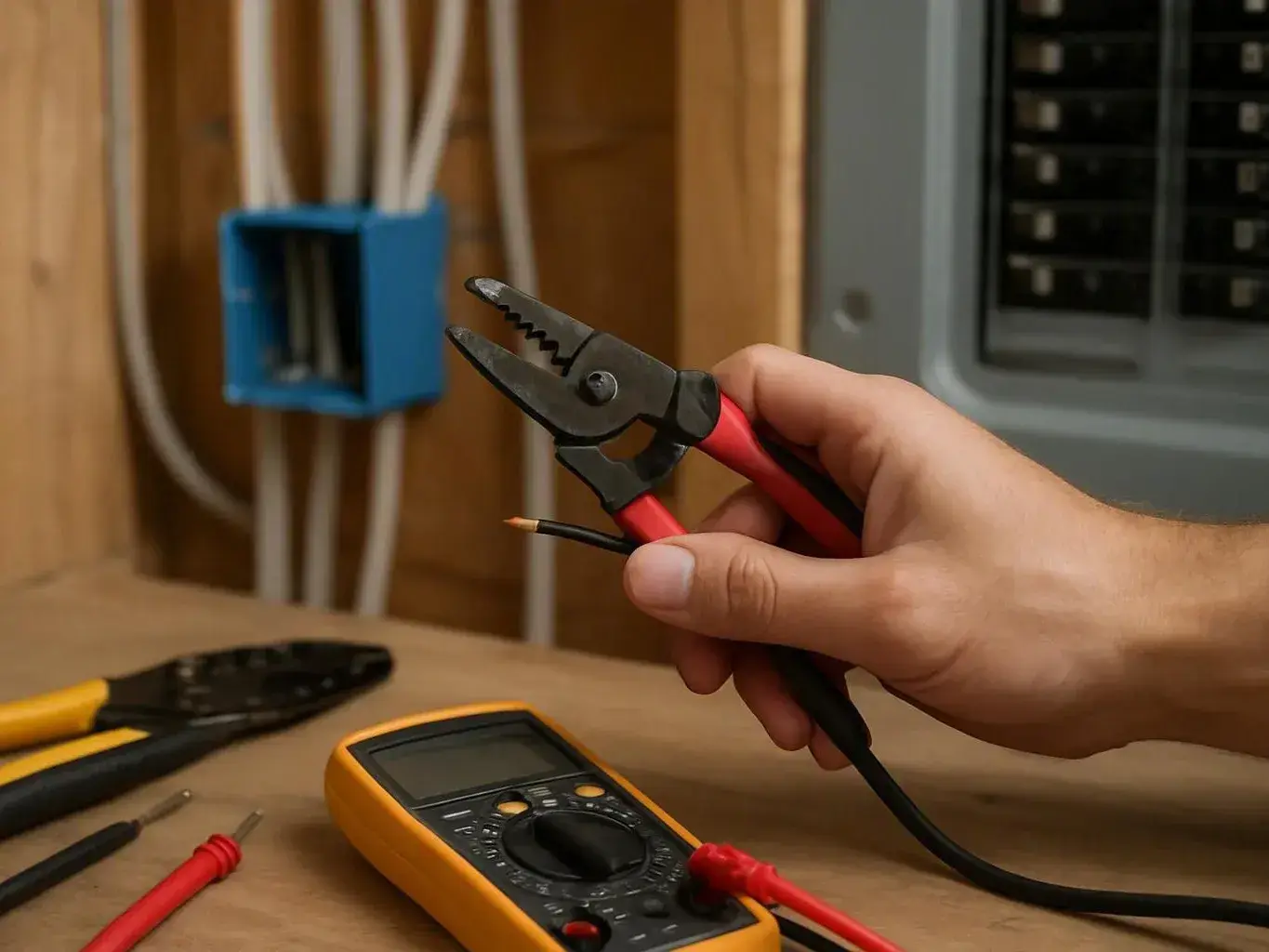 Hand holds wire strippers over a stripped black wire beside a multimeter on a