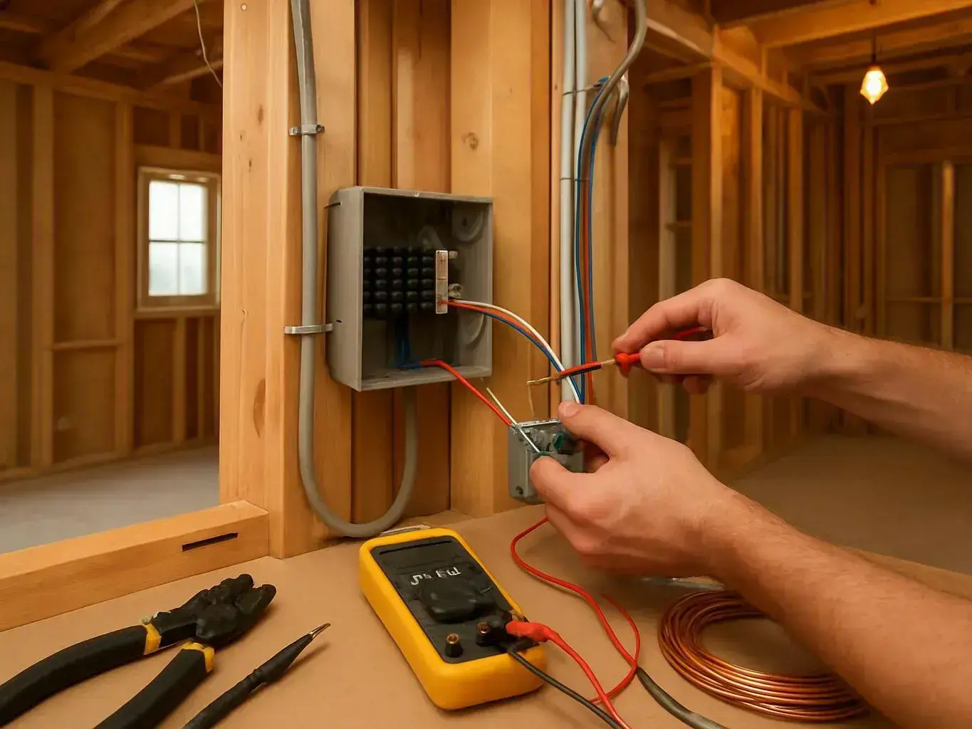 Worker wires an electrical box inside a framed house beside tools and an electrical meter