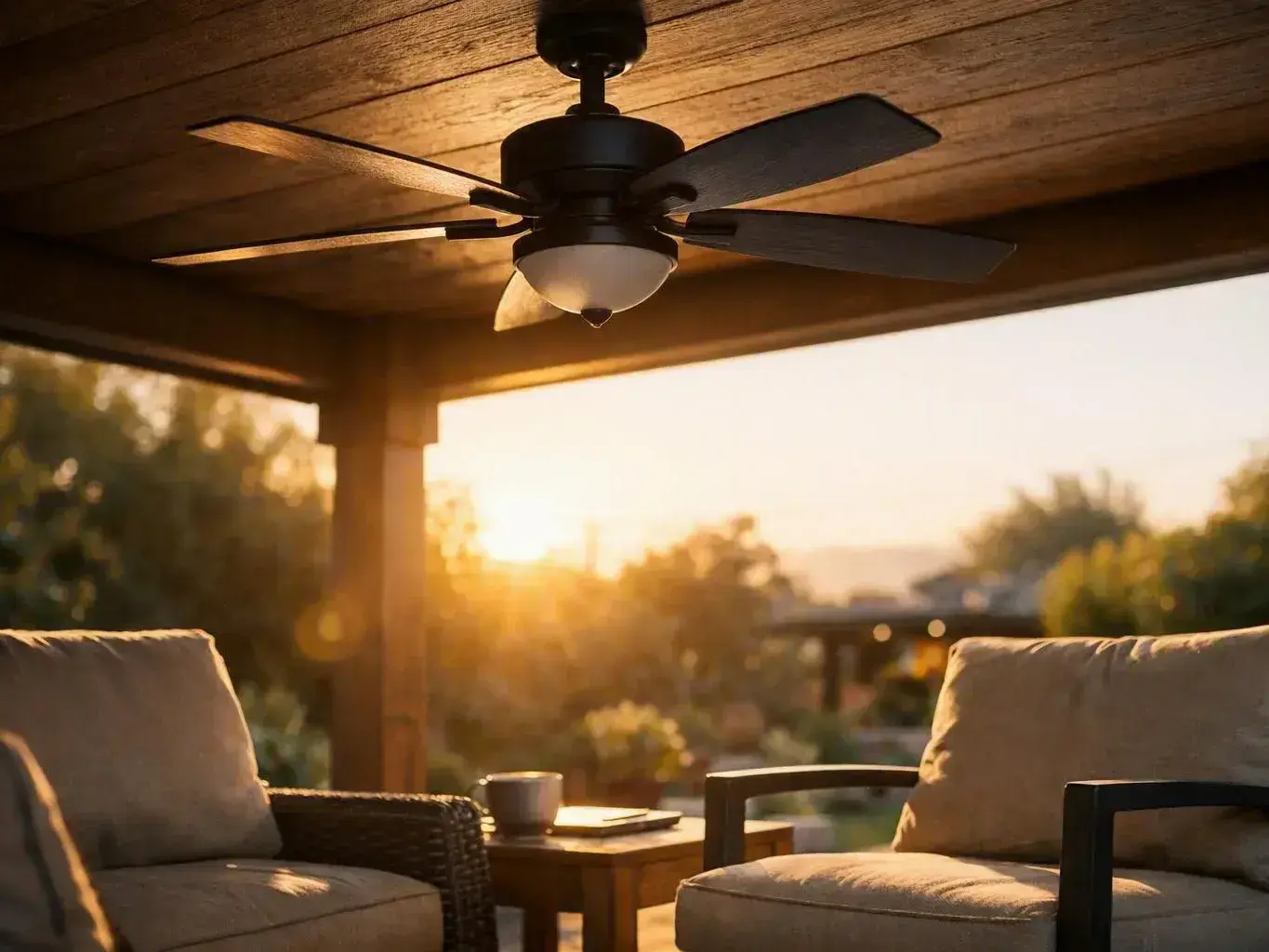 Covered patio with cushioned chairs, a small table, and ceiling fan in sunset