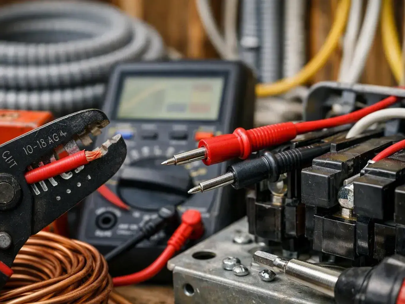 Electrical testing tools and wire connectors on a workbench with red and black