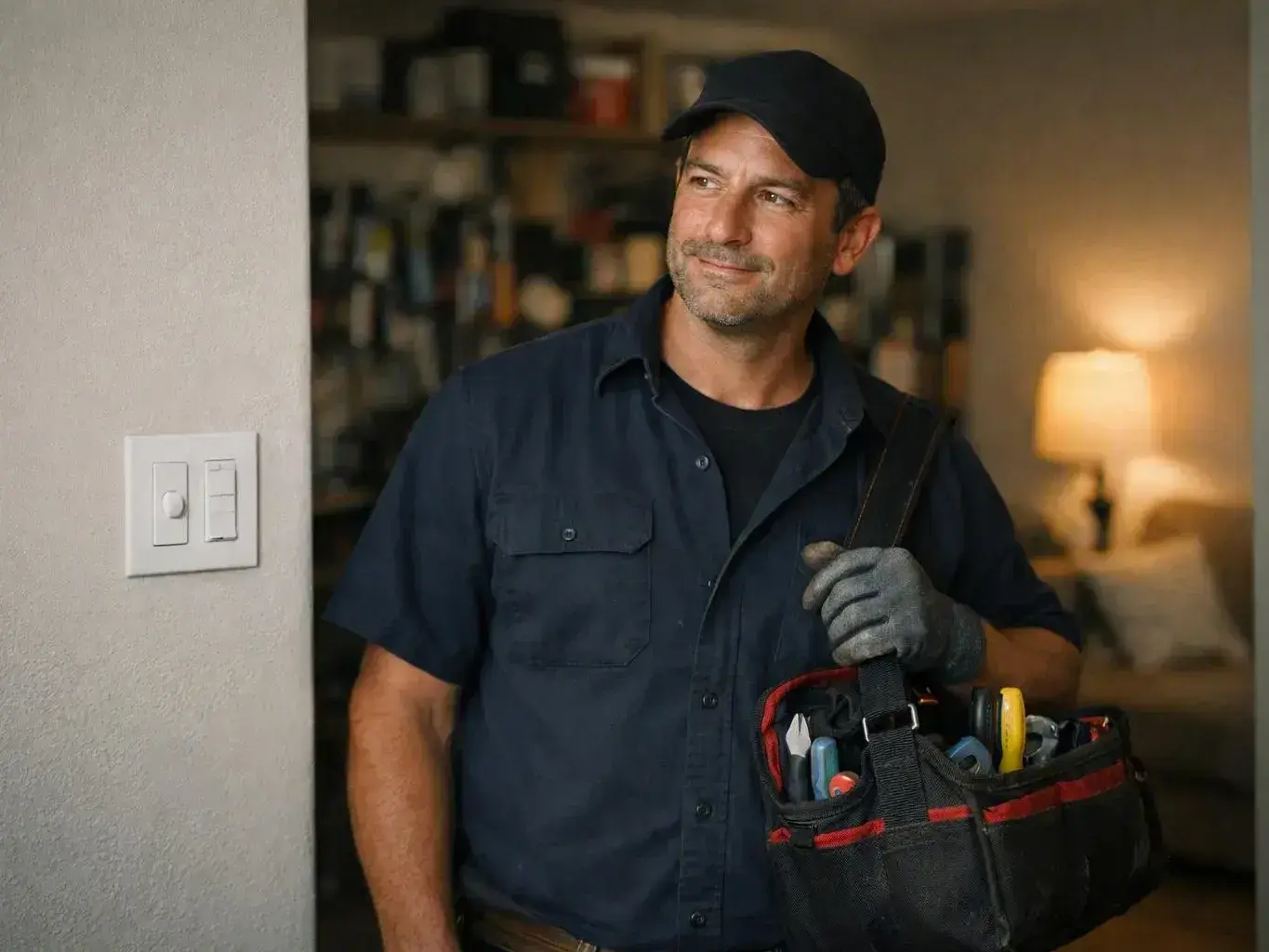 Handyman wearing a dark cap stands indoors beside a light switch panel with a