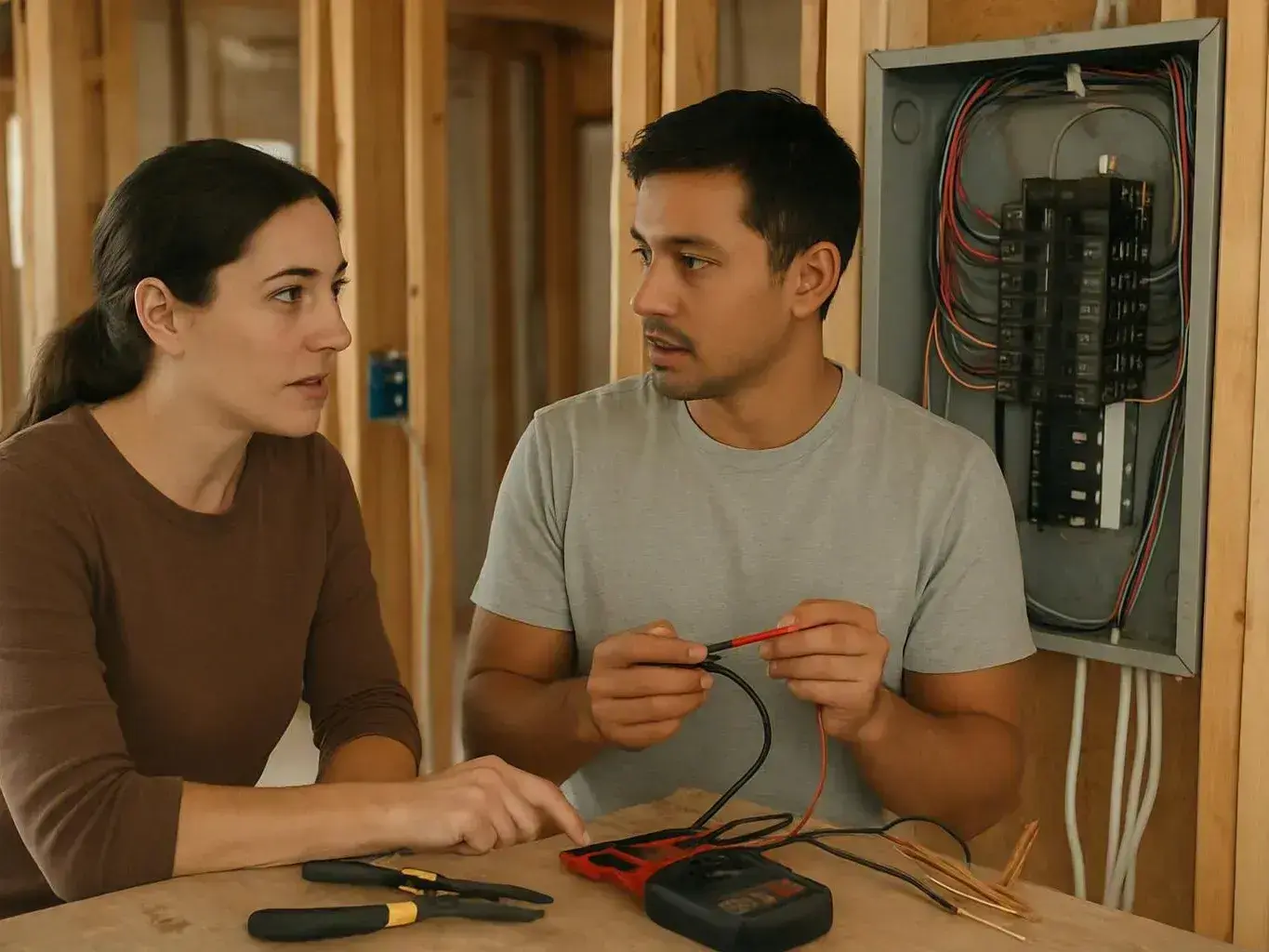 Two electricians inspecting wiring inside an open electrical panel in a house under construction