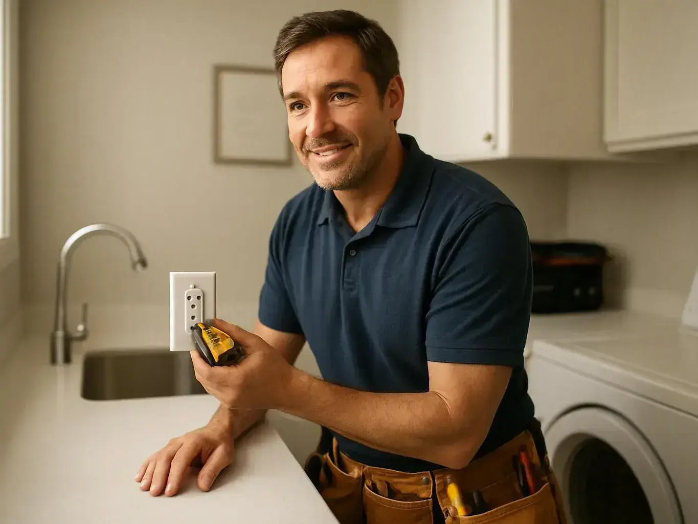 A smiling man in a kitchen holds a screwdriver near an electrical outlet while leaning on the counter