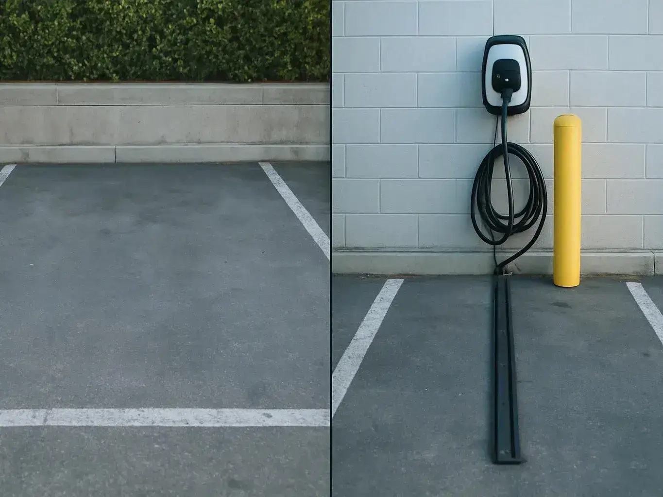 EV charging station with coiled cable beside an empty parking space