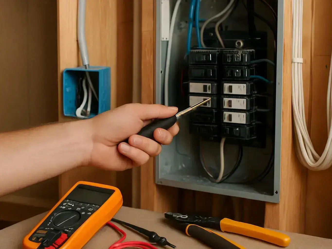 Person probes an open breaker panel with a screwdriver, digital multimeter, and