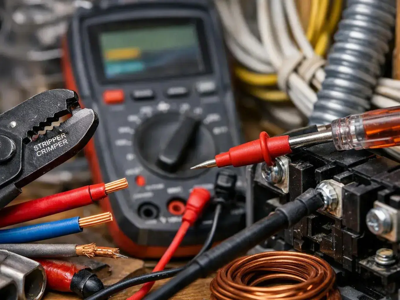 Electrical testing tools, wire strippers, exposed copper wires, and multimeter