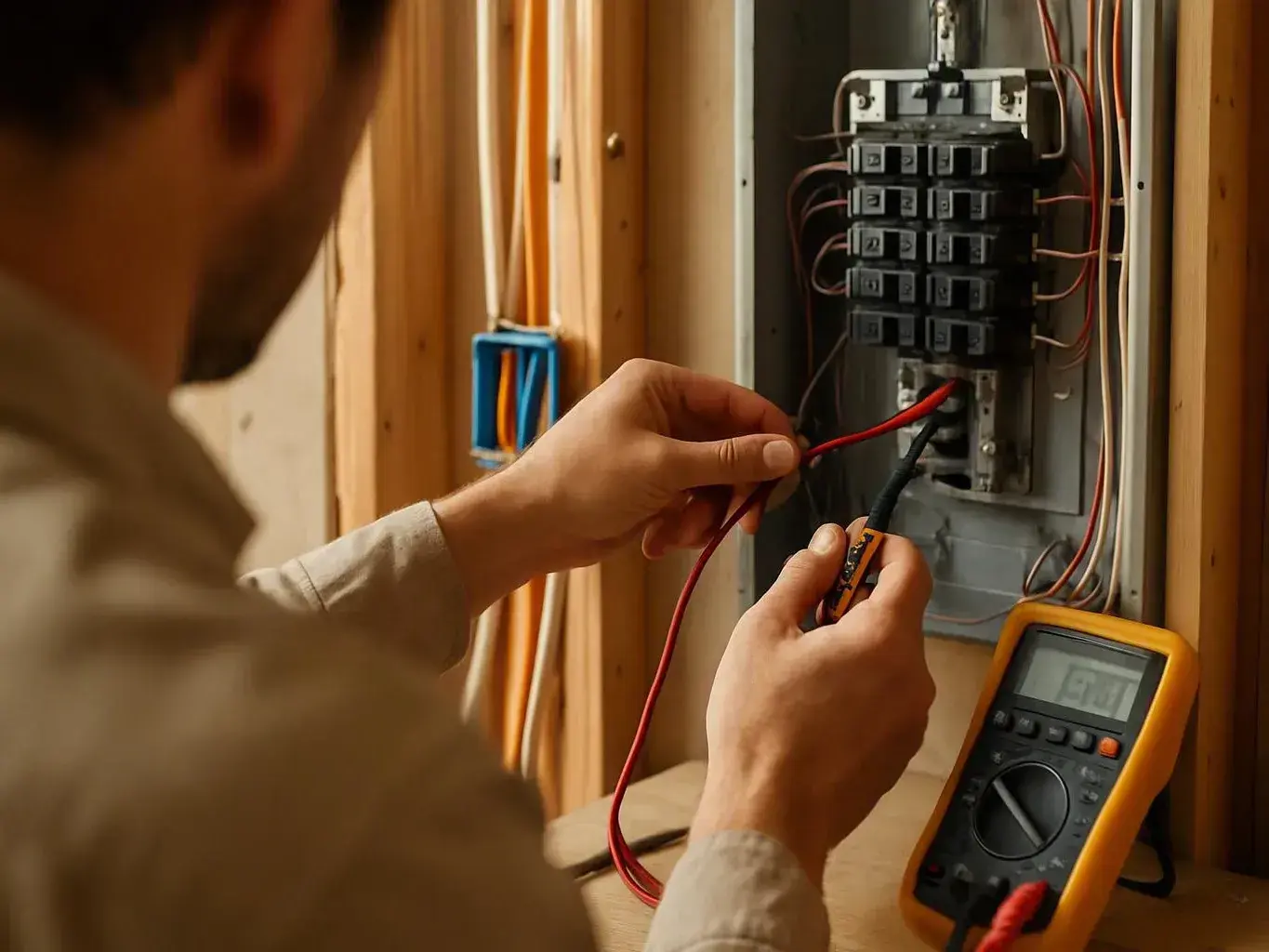 Electrician tests wiring inside an open breaker panel with a multimeter on a