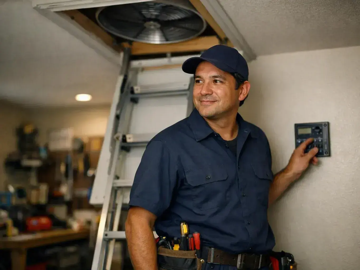 Technician standing beside a wall control near an attic ladder indoors