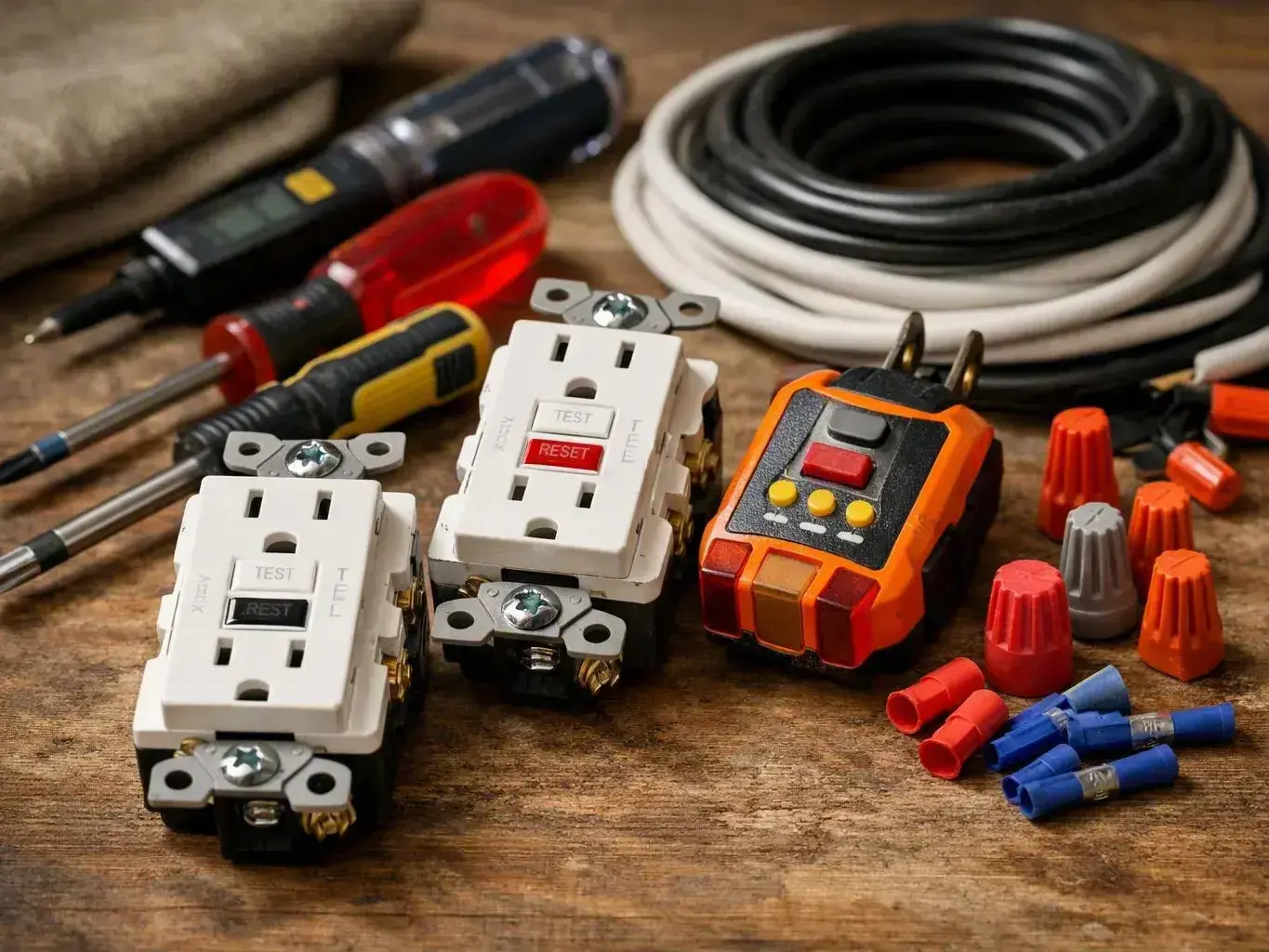 Electrical outlets, screwdrivers, cables, and wire connectors arranged on a