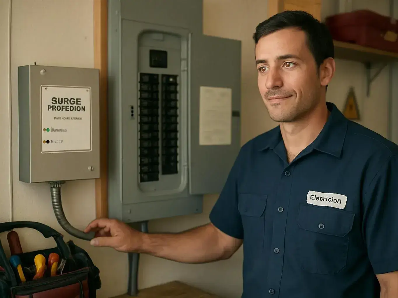 Electrician holds conduit beside electrical panels in a utility room