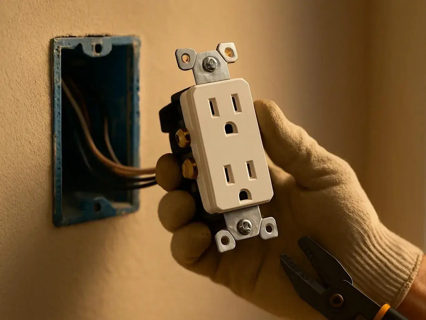 Technician repairing an outlet beside a kitchen counter — Does a Panel Upgrade Always Solve Repeated Breaker Trips?