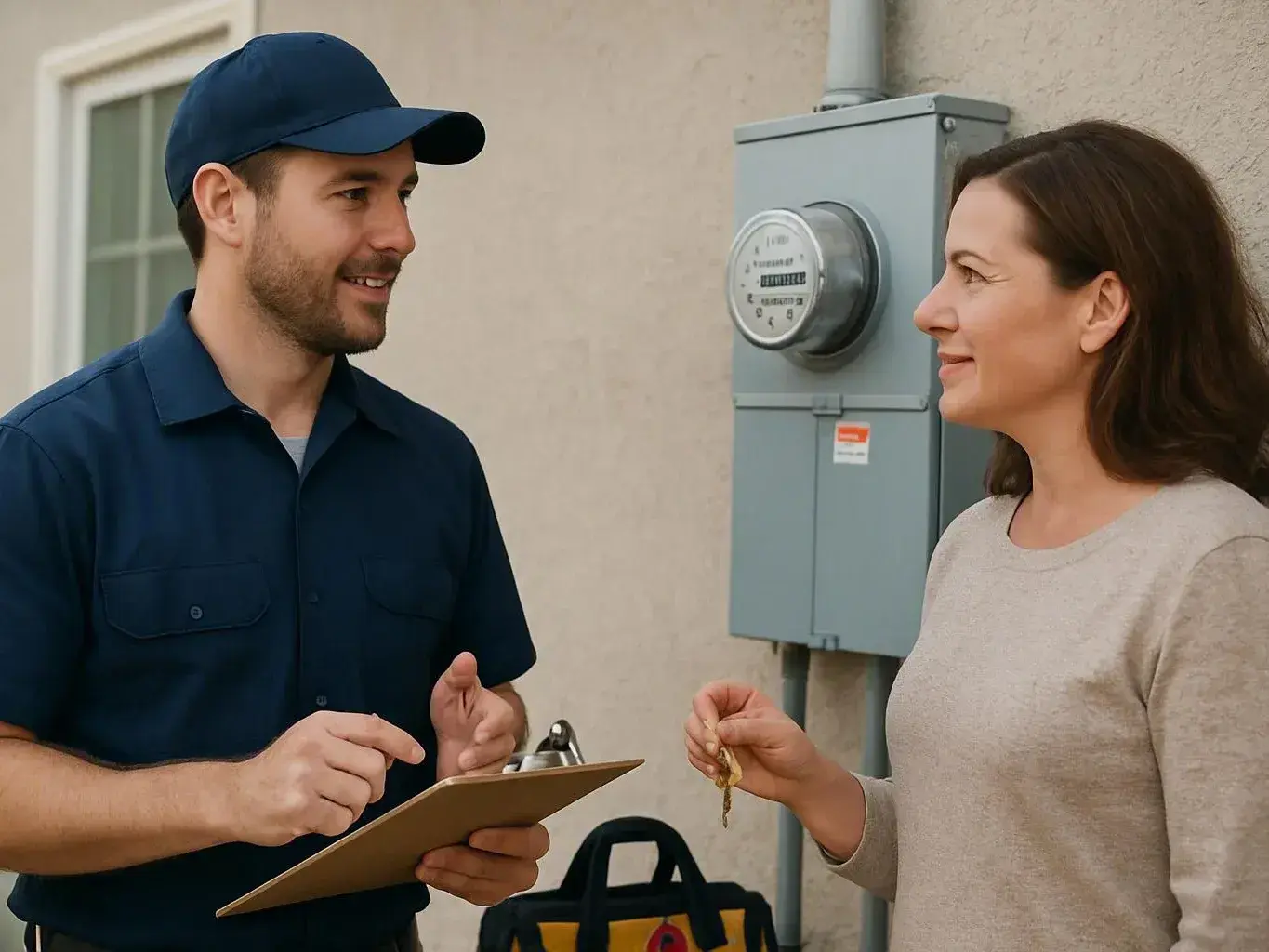 Utility worker with clipboard speaking to a woman beside a home's electric meter