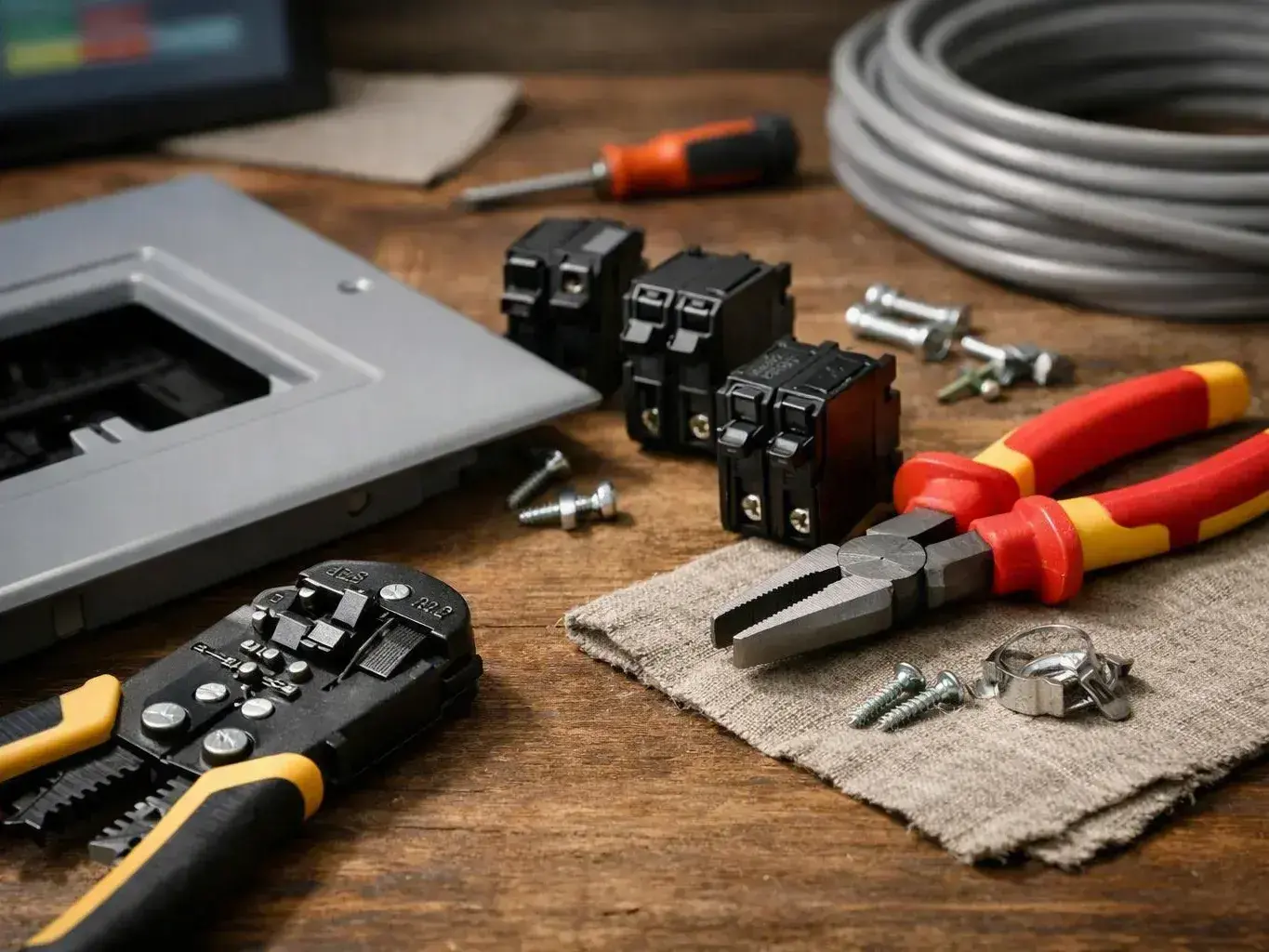 Electrical tools, breakers, screws, and coiled cable arranged on a wooden