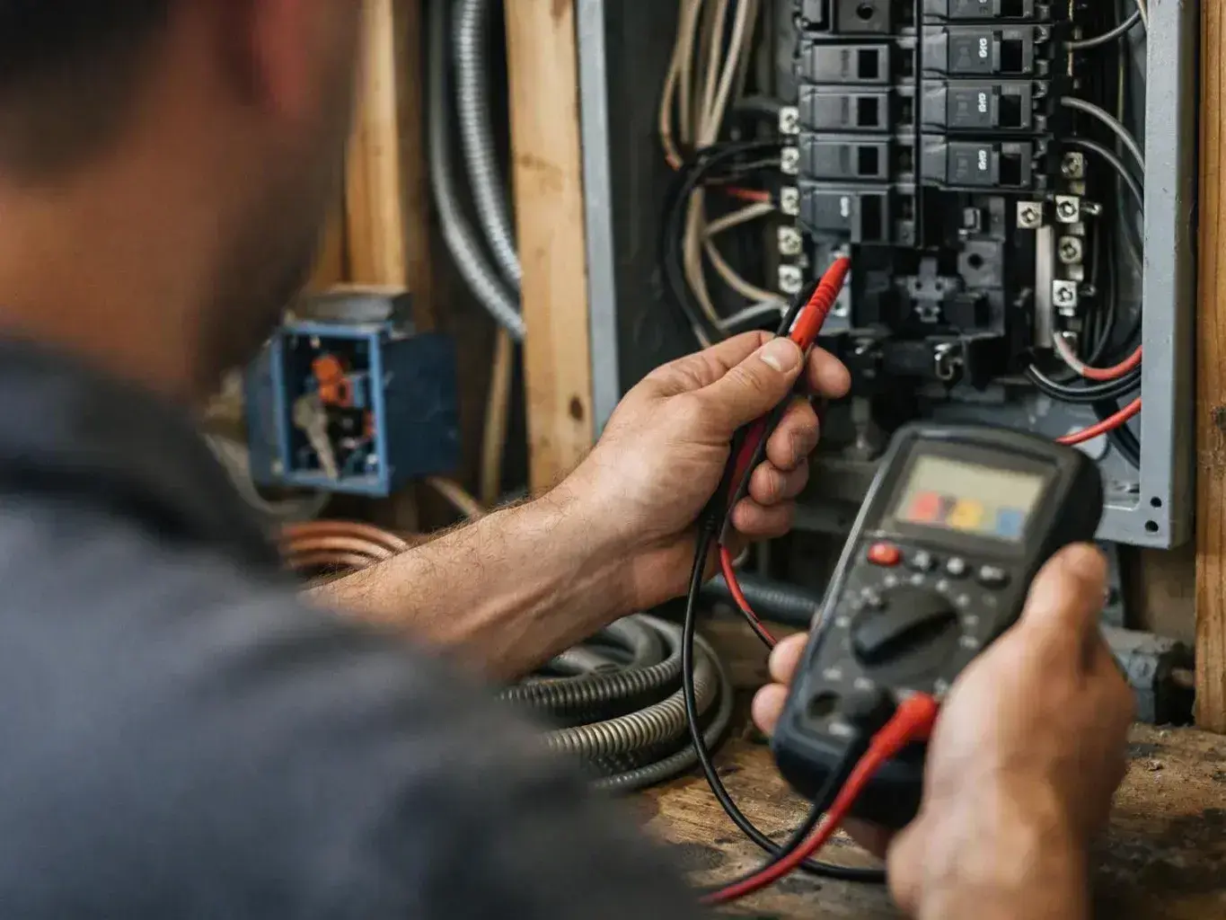 Electrician inspecting a home's electrical panel and wiring for code compliance