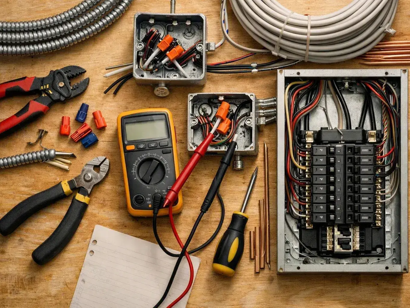 Electrician’s tools and wiring parts arranged around open junction boxes and a