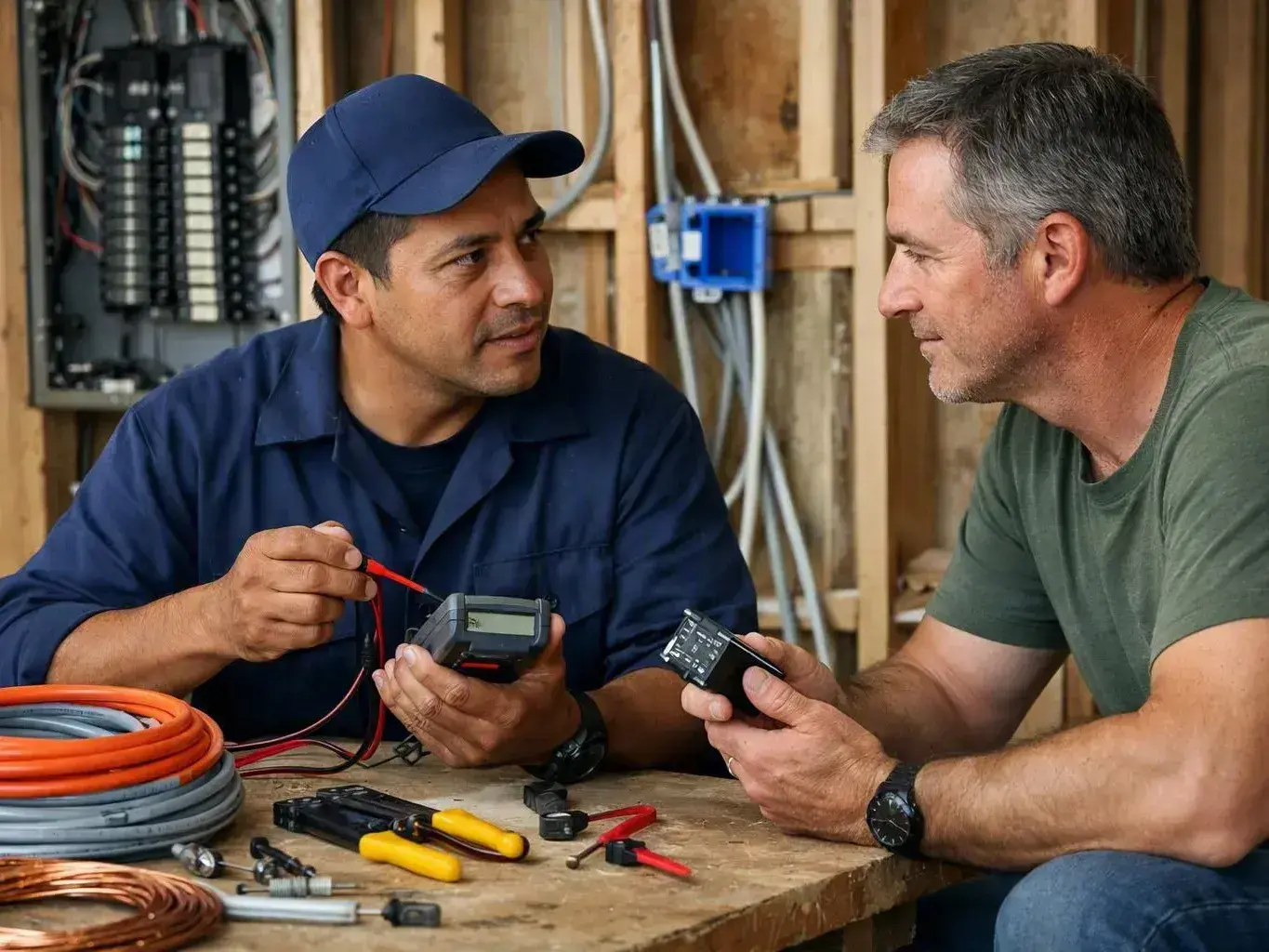 Two men examine electrical wiring and tools at a workbench inside an unfinished