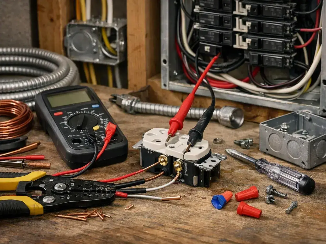 Electrician tools and wiring components arranged beside an open breaker panel
