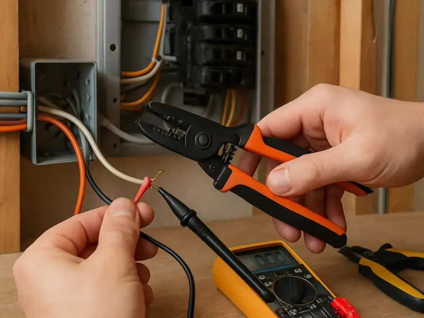 Hands test a cut wire beside a multimeter and crimping tool on a workbench
