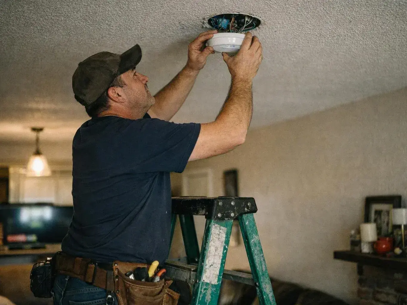 Technician on a ladder installing a ceiling smoke detector in a living room