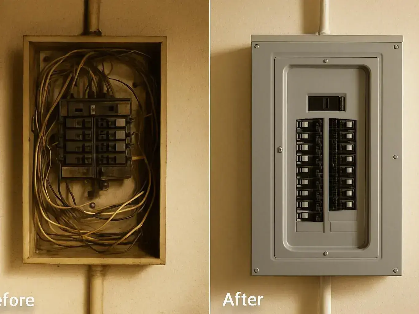 Split view shows an old messy electrical panel beside a clean updated breaker