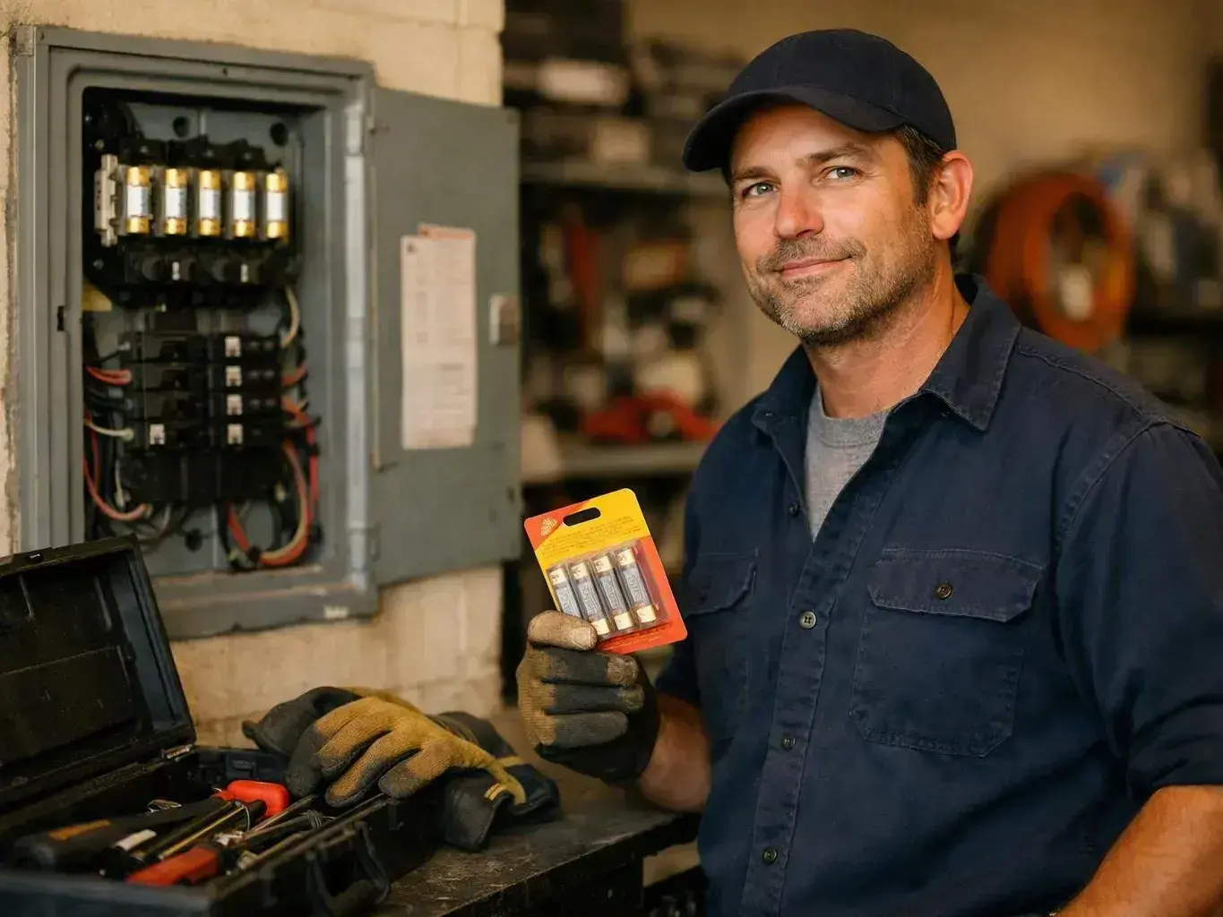Electrician holding batteries beside an open electrical panel during circuit verification