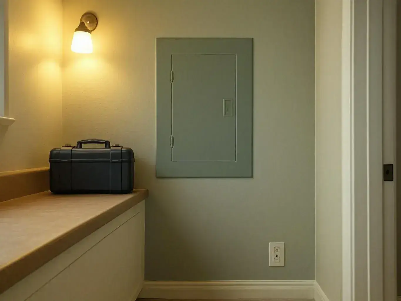 Black tool case beside a lit wall sconce and gray utility panel
