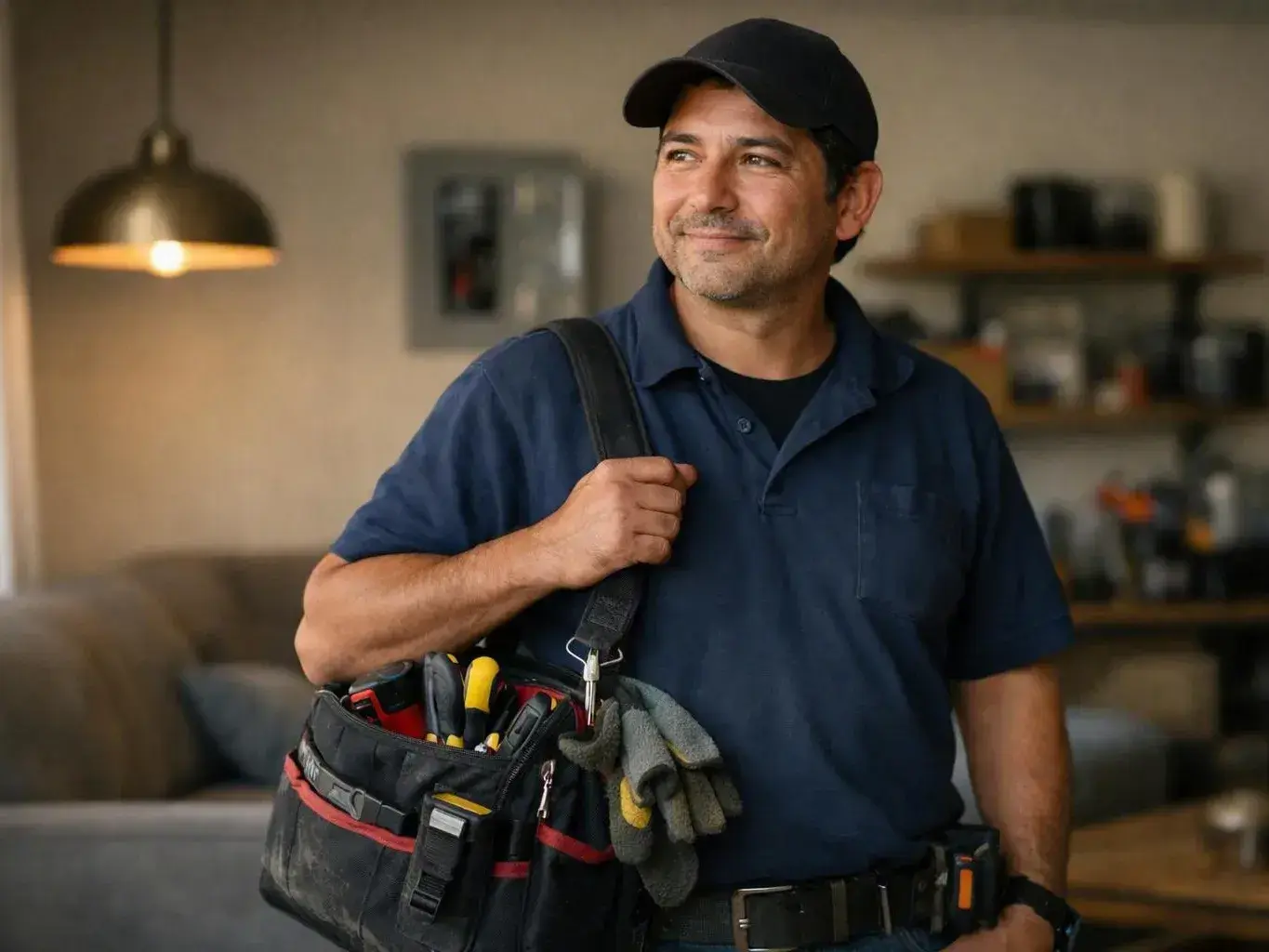 A smiling handyman in a navy shirt carries a tool bag inside a softly lit home
