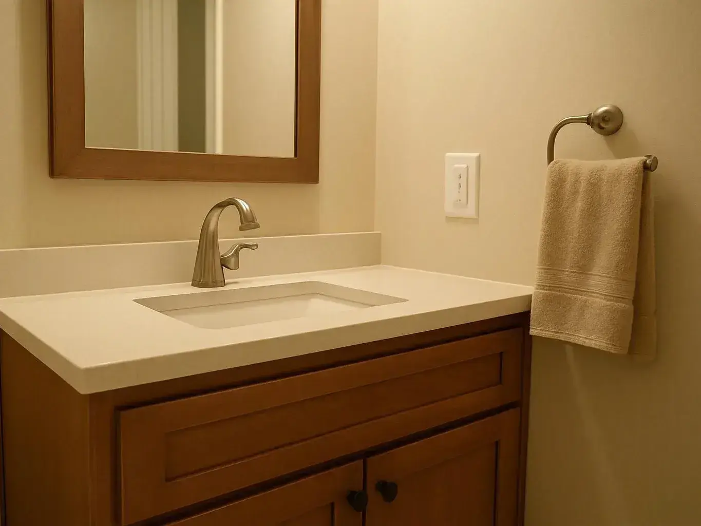 A beige bathroom vanity with a mirror, faucet, and towel hangs against the wall