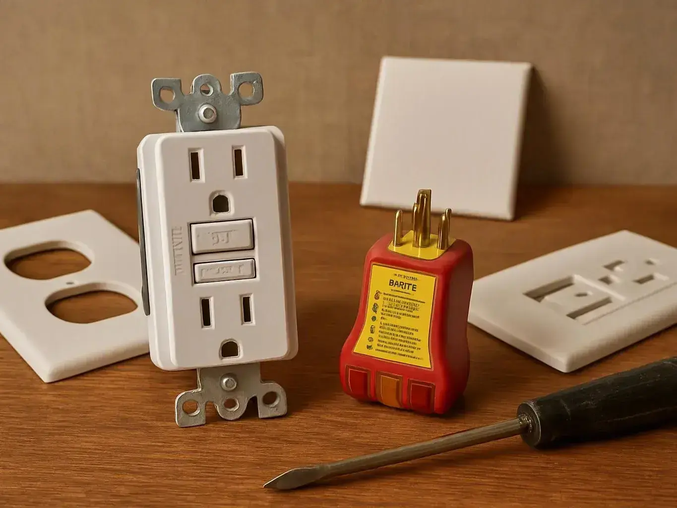 A white GFCI outlet, plug-in device, wall plates, and a screwdriver sit on a wooden table