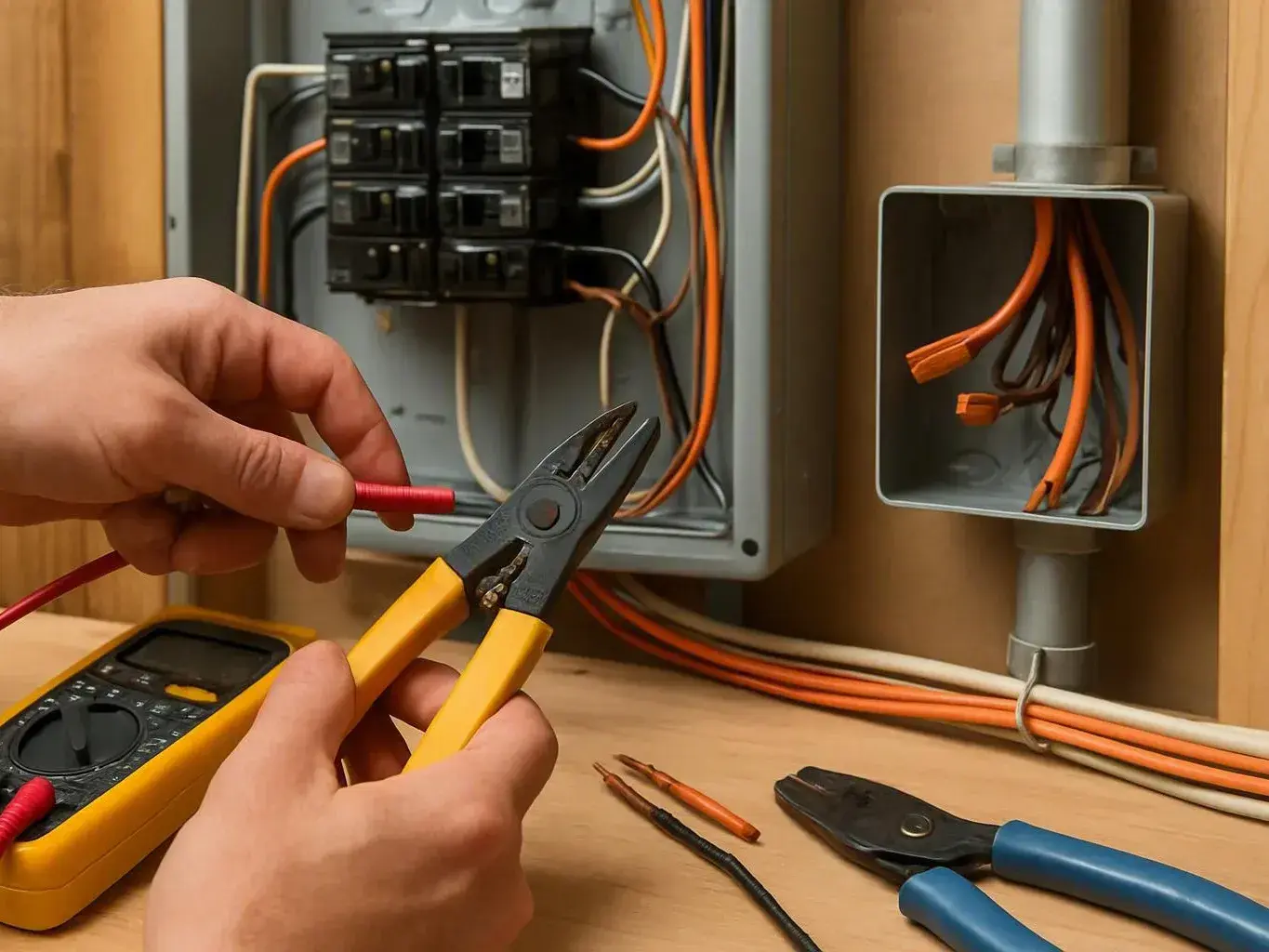 Hands work with pliers and a multimeter beside an open electrical panel with exposed wiring