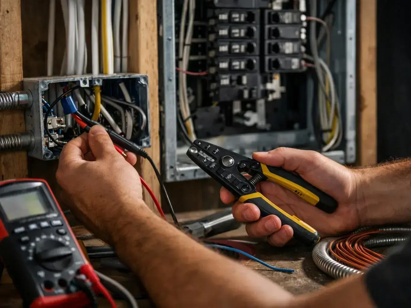 Hands wire an electrical panel while holding crimping pliers and a multimeter in a workshop