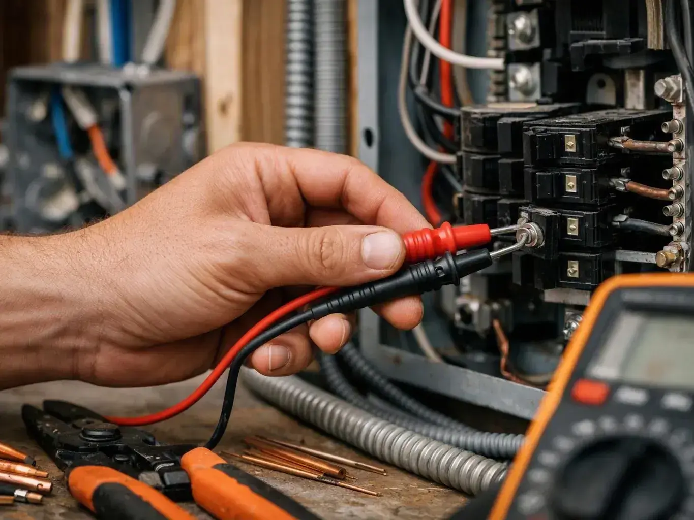 Hand tests wiring with red and black probes inside an open breaker panel