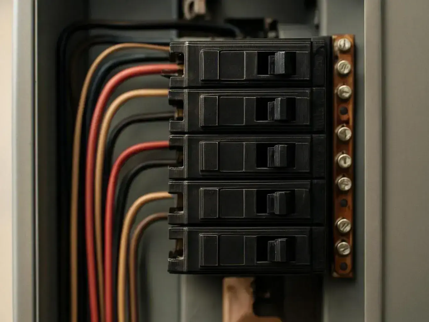 Close-up of stacked circuit breakers and colored wires inside a gray metal