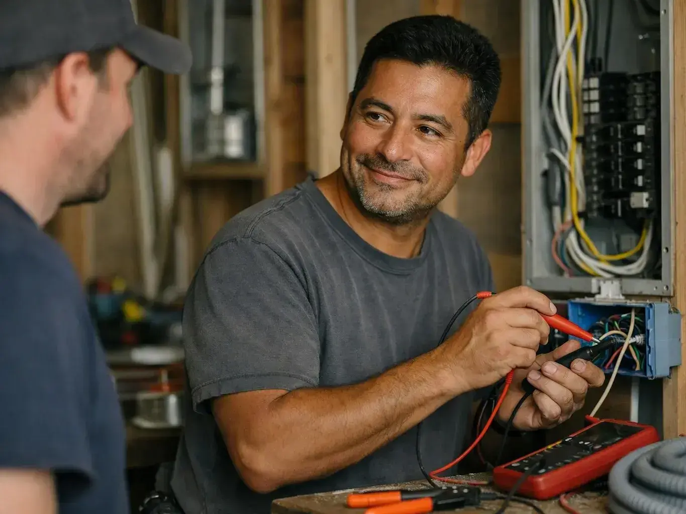 Two electricians test wires inside an open electrical panel using a red meter