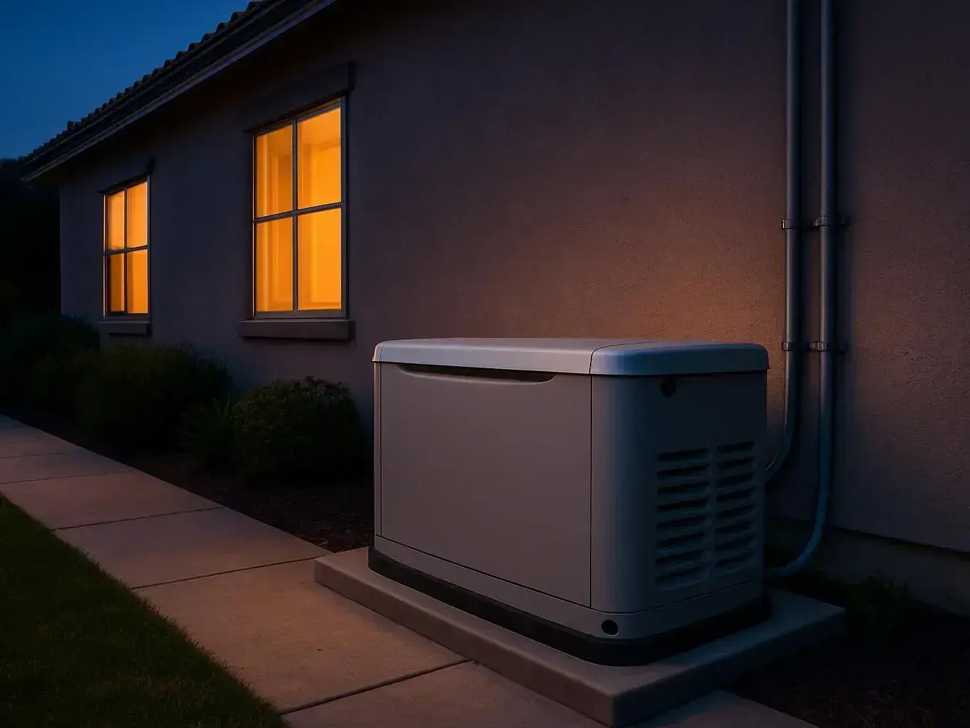 House exterior at dusk with illuminated windows and a large standby generator