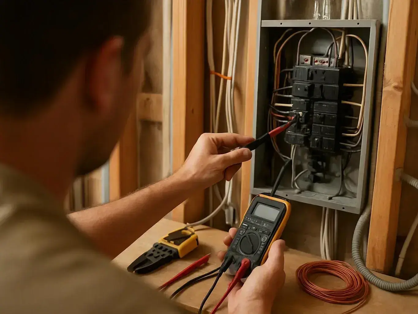 Technician tests wiring inside an open electrical panel with a multimeter