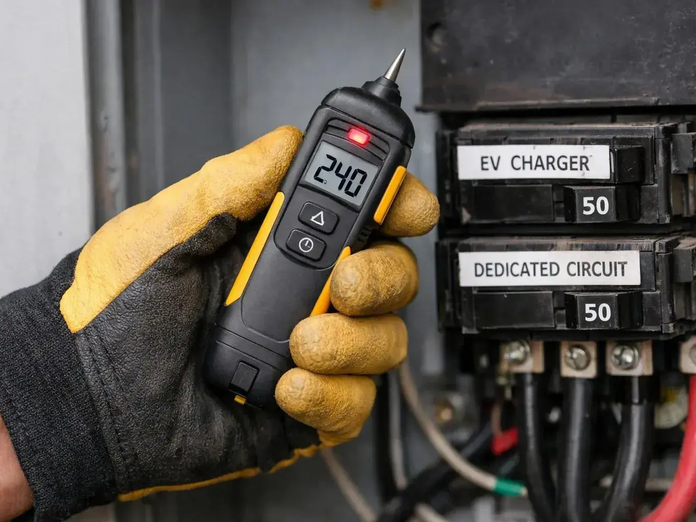 Gloved hands test labeled 50-amp EV charger breakers inside an electrical panel