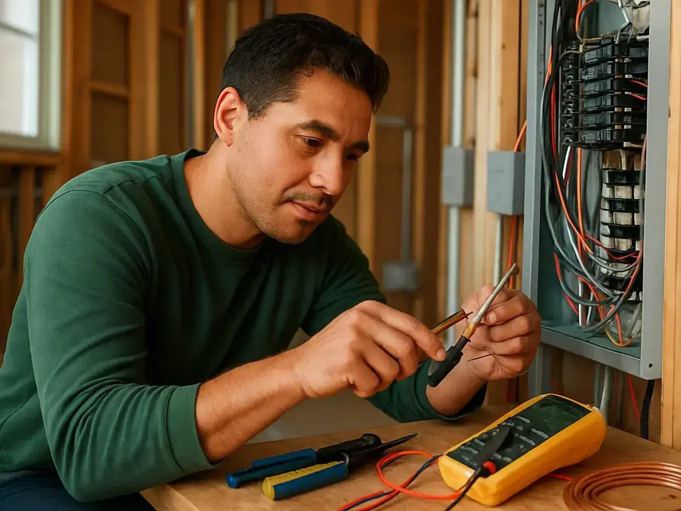 Man in a green shirt tests wiring inside an unfinished wall beside a yellow