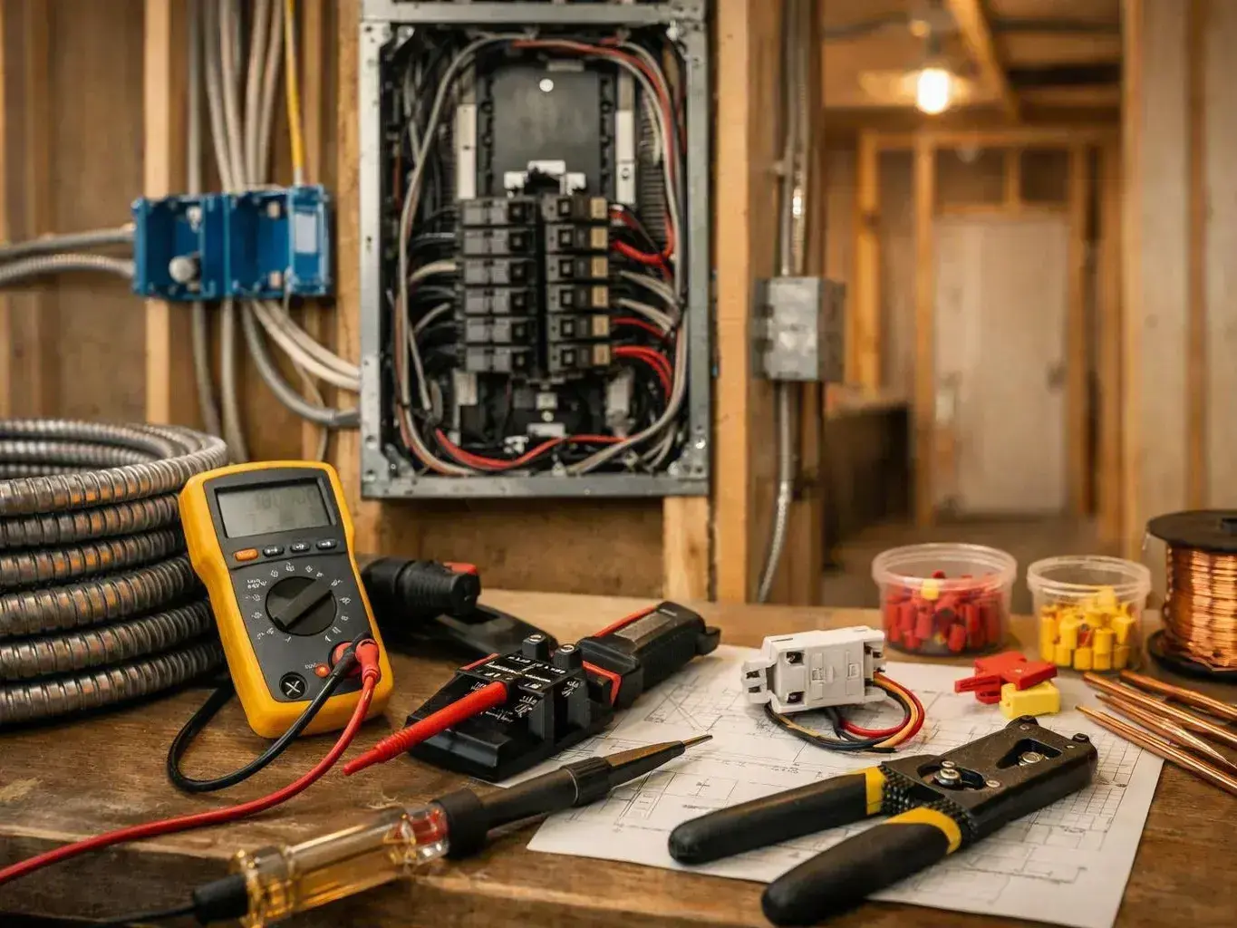 An electrical workbench holds a multimeter, wire tools, connectors, and blueprints in front of an open breaker panel
