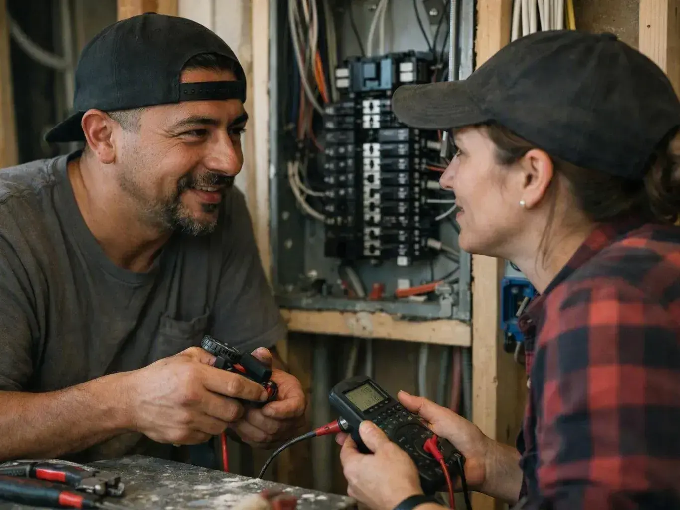 Two electricians examine a handheld meter beside an open electrical panel