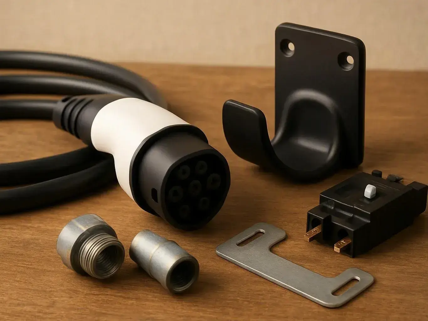 A black charging cable, wall hook, metal fittings, and a small switch sit on a wooden tabletop