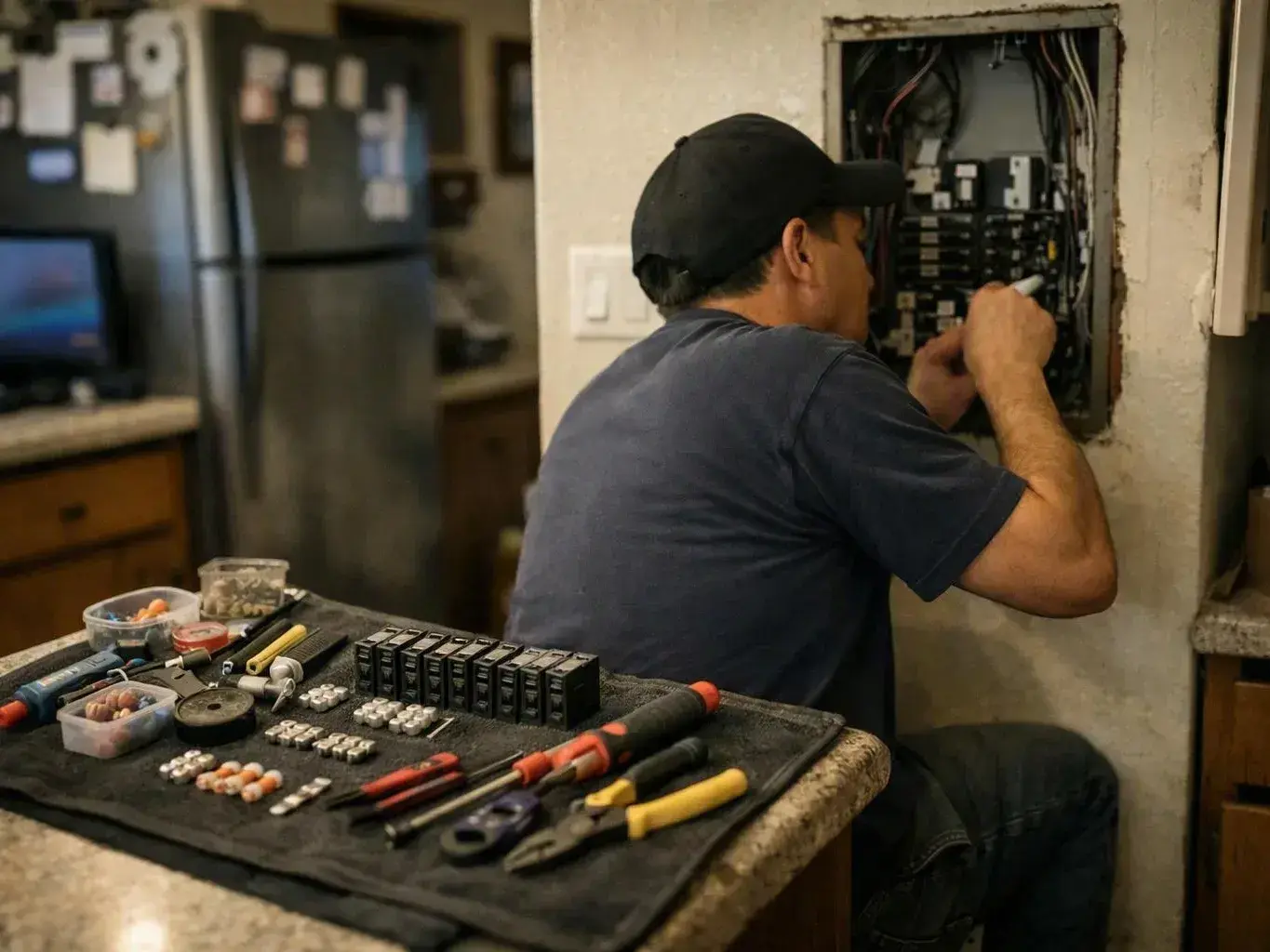A man in a black cap repairs an open electrical panel in a home kitchen, with tools spread on the counter